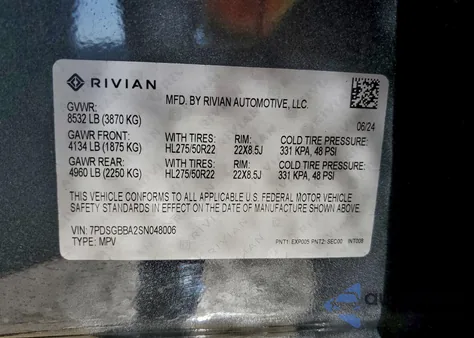 2025 Rivian R1S Adventure z USA, uszkodzony, nr VIN 7PDSGBBA2SN048006